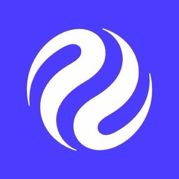 A blue square logo featuring a stylized white swirling design that resembles an 'S' or yin-yang shape.