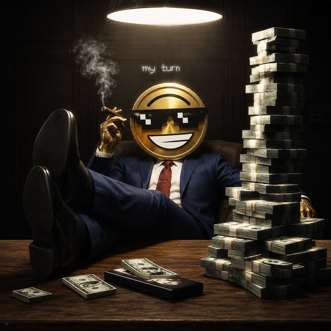 A gold "cool" emoji-headed figure in a suit lounges with feet on a desk, smoking a cigar next to towering stacks of cash, with the text "my turn" floating above—reflecting the post's "Gmemecoin, our turn" as a confident declaration of memecoin momentum and profit.
