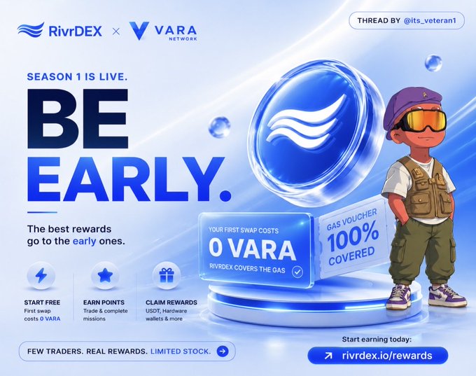 The image is a promotional banner for "RivrDEX × Vara Network" Season 1, featuring the bold tagline "BE EARLY" and advertising rewards like "0 VARA" gas vouchers on first swaps and a "100% COVERED" gas voucher offer, with a link to rivrdex.io/rewards. The cartoon character and early-adopter messaging visually reinforce the post's emphasis on seizing quiet, under-the-radar opportunities before they become mainstream crypto campaigns.