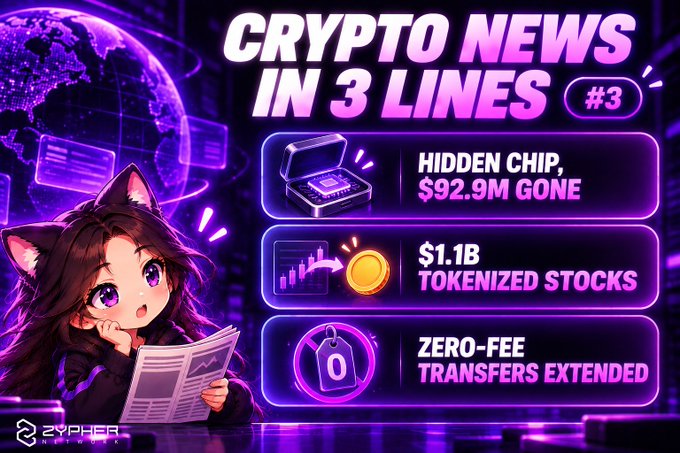 A purple-themed graphic titled 'CRYPTO NEWS IN 3 LINES #3' featuring an anime cat-girl character and headlines about a hidden chip, $1.1B tokenized stocks, and zero-fee transfers.