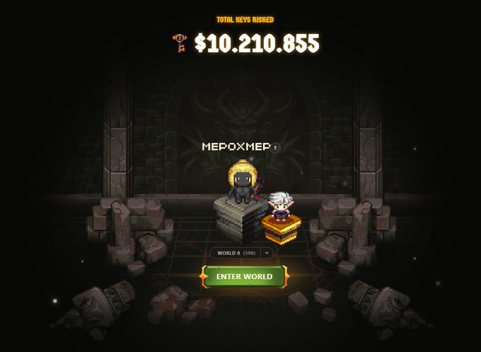 A pixel art video game interface displaying "TOTAL KEYS RISKED $10.210.855", the username "MEPOXMEP", World 0 (590), and an "ENTER WORLD" button.
