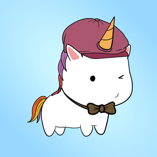 A cute cartoon illustration of a white unicorn wearing a maroon baseball cap backward and a brown bow tie against a blue gradient background.