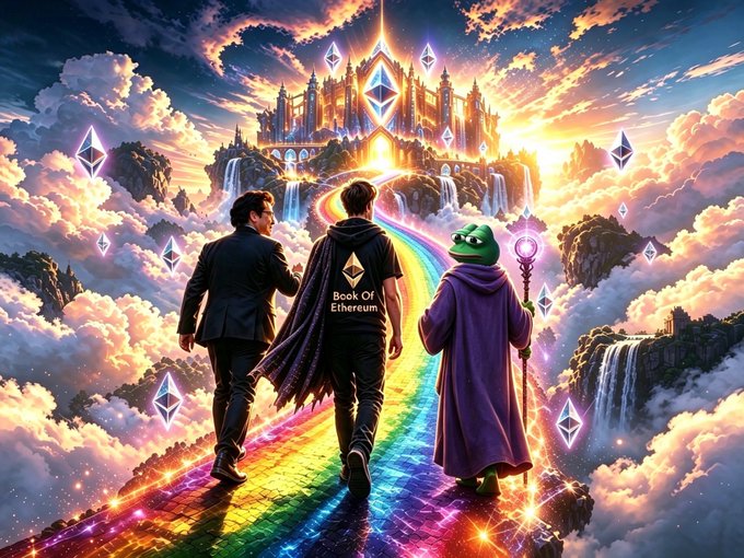 A fantastical digital artwork depicts two men and a frog character in a purple robe walking on a rainbow path toward a glowing castle, with Ethereum diamond symbols floating in the sky and "Book Of Ethereum" visible on one character's back.