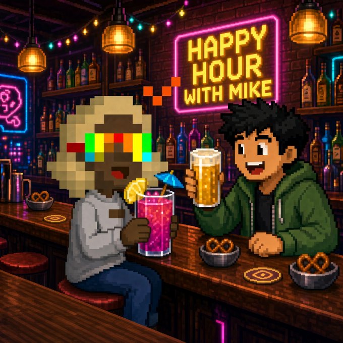 A pixel art illustration of two characters at a bar with a neon sign reading 'HAPPY HOUR WITH MIKE', featuring a woman with multicolored pixelated sunglasses holding a pink drink and a man holding a beer.