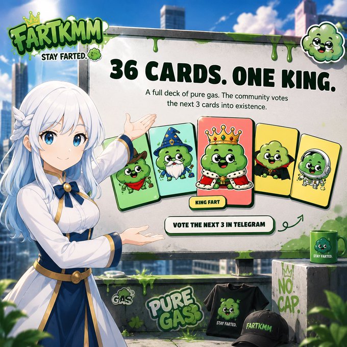 An anime-style white-haired character in a blue and white dress presents a billboard for "$FARTKMM - STAY FARTED" displaying "36 CARDS. ONE KING" with five green gas cloud characters including a central crowned "KING FART" card, alongside merch like "PURE GAS" t-shirts, "NO CAP" signs, and a "STAY FARTER" mug. The promotional imagery reinforces the post's theme by embodying the absurdist, meaning-defying nature of meme coin culture—presenting a seemingly serious roadmap with "community voting" for a project built entirely around fart jokes and gas humor.