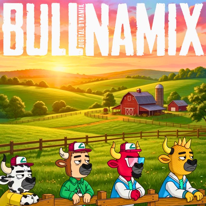 An illustrated album cover titled 'BULLNAMIX DIGITAL DYNAMIX' features cartoon bulls and a cow wearing caps leaning on a wooden fence, with a red barn, green rolling hills, and a sunset in the background.
