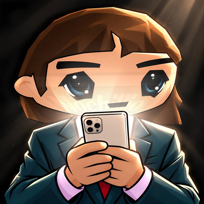 An anime-style illustration of a brown-haired character in a blue suit holding up a smartphone, with the phone's screen glowing brightly to illuminate their face.