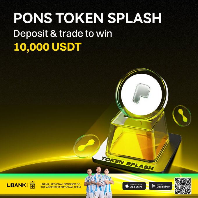 The promotional graphic announces the "PONS TOKEN SPLASH" event on LBank, offering a 10,000 USDT prize pool for depositing and trading $PONS. The image features a striking 3D render of a golden token stamp labeled "TOKEN SPLASH" with floating tokens, alongside LBank's branding as a regional sponsor of the Argentina National Team (AFA) and app download options via QR code.