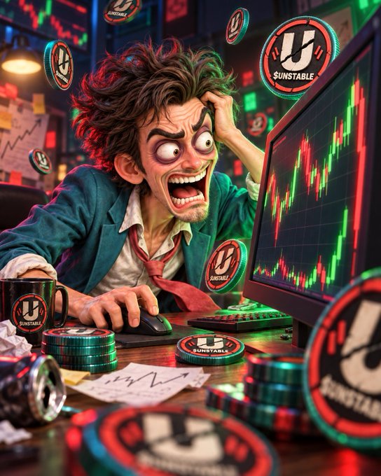 A stylized illustration of a wide-eyed, frazzled man with messy hair staring at a computer monitor displaying a downward-trending red and green candlestick chart, surrounded by floating 'UNSTABLE' tokens and stacks of poker chips.