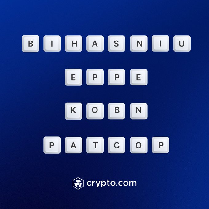 The image presents an unscrambling challenge using letter tiles that form “BIHASNIU,” “EPPE,” “KOBN,” and “PATCOP,” all above a Crypto.com logo. The post asks viewers to reorder the letters into four meme coin names.