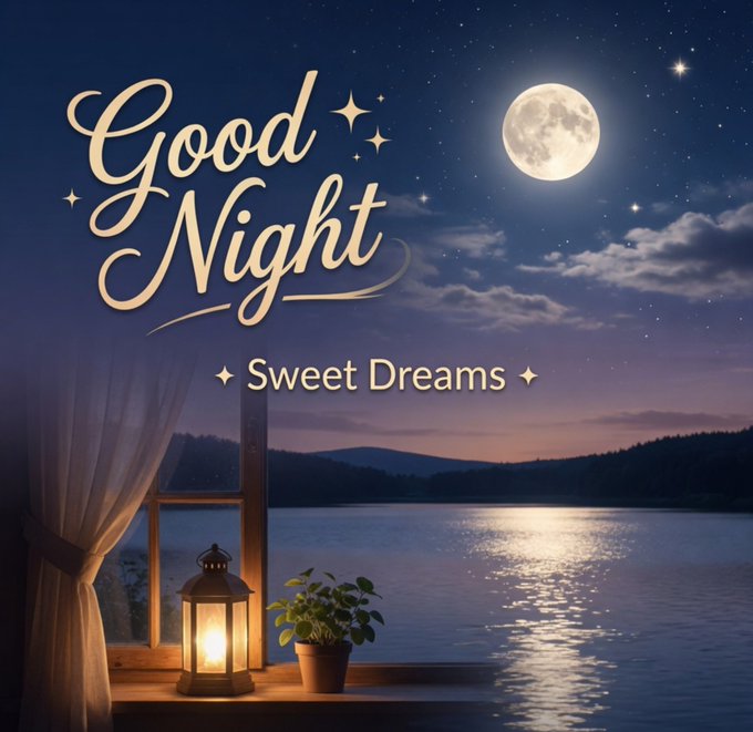 A serene 'Good Night Sweet Dreams' greeting card featuring a full moon over a calm lake, with a lit lantern and potted plant on a windowsill.