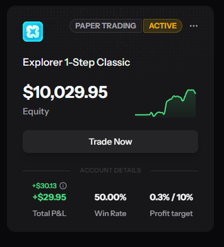 A paper trading dashboard titled 'Explorer 1-Step Classic' shows an equity of $10,029.95 with a +$30.13 total P&L and a 50.00% win rate.