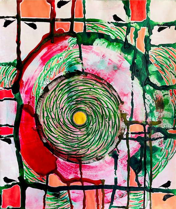 An abstract watercolor painting featuring a central spiral pattern in green and pink with a yellow dot at its core, surrounded by red and green painted lines.