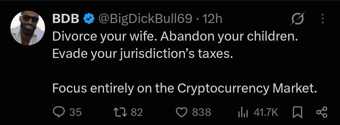 A tweet from @BigDickBull69 advises extreme actions like divorcing your wife and abandoning your children to "Focus entirely on the Cryptocurrency Market." This humorous exaggeration likely represents the allure of potential profits that can make people disregard their normal lives when seeing impressive FOMO PNL (Fear Of Missing Out Profit and Loss) screenshots.