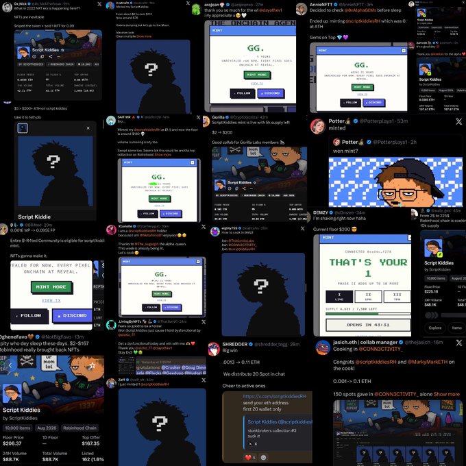 A collage of social media posts and screenshots from the X platform featuring Script Kiddies NFT promotions, mint announcements, and cryptocurrency market commentary with pixel-art character imagery.