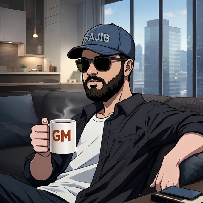 An anime-style illustration shows a bearded man wearing sunglasses and a cap labeled 'SAJIB,' relaxing on a couch while holding a steaming white mug marked 'GM' in a modern apartment with a city skyline view.