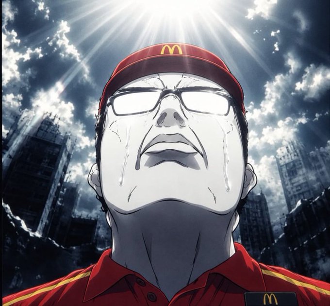 A despondent anime-style man in a red McDonald's uniform stares upward with tears streaming down his face under dramatic sunbeams, the golden "M" logos visible on his hat and chest, with a ruined cityscape behind him. The image humorously reflects the post's tone of defeat and reflection, capturing the "crying-in-the-fried-chicken" spirit of someone pausing their wrestling/content efforts to regroup.