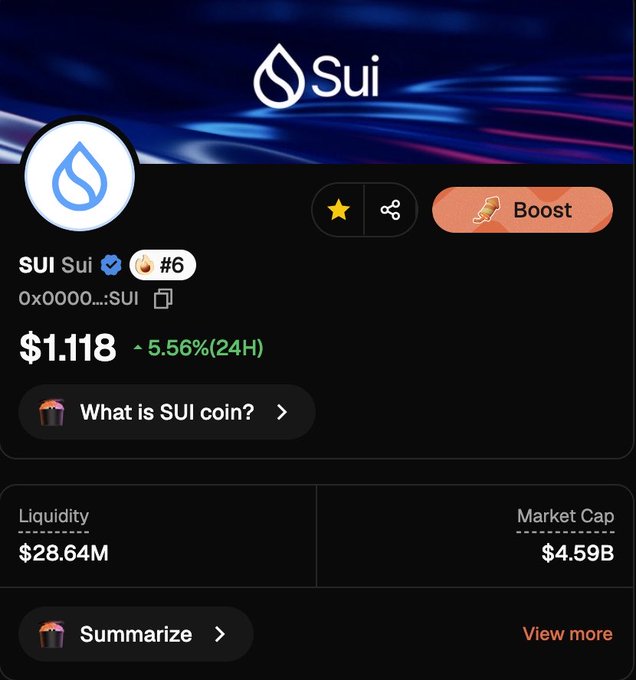 A cryptocurrency app interface showing the Sui (SUI) token priced at $1.118, down 5.56% in 24 hours, with a market cap of $4.59B and liquidity of $28.64M.