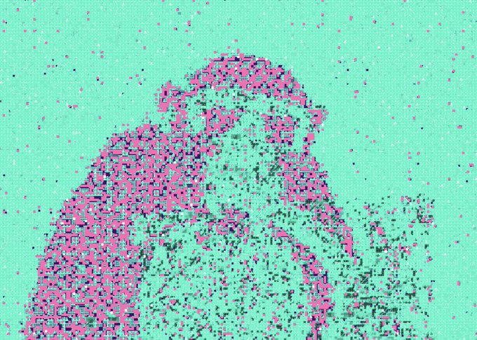 A heavily pixelated, dithered portrait of a bearded man rendered in magenta, black, and turquoise tones against a mint green background.