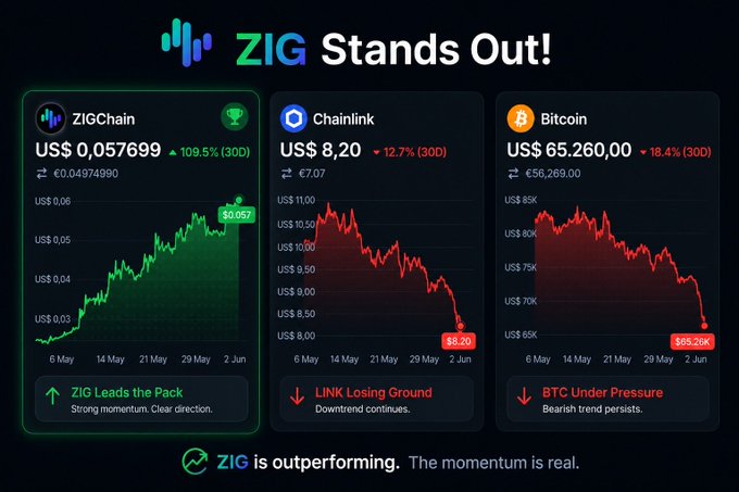 The image shows a graphic displaying three different graphs, each representing a cryptocurrency's performance over several days. There are two Bitcoin graphs and one Ripple graph among them. The text above the graphs reads "ZIG Stands Out!". The post provides a summary of what happened with these crypto assets during the last trading day. One of the Bitcoin graphs shows a significant drop in value, while another shows a rise. The Ripple graph is depicted as having no change in its value. The image also includes an arrow pointing to ZIG, which suggests that it might be related to the content being displayed.