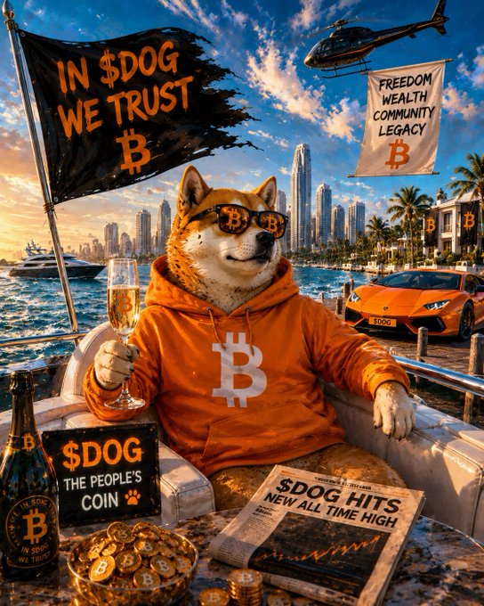 The image shows an anthropomorphic Shiba Inu dog wearing an orange Bitcoin-branded hoodie and sunglasses, lounging in luxury with champagne and a Lamborghini, surrounded by "$DOG the people's coin" signage and a newspaper headline reading "$DOG hits new all time high." Banners declare "IN $DOG WE TRUST" and "$DOG to $10," visually amplifying the post's bullish rally hype for the meme coin.