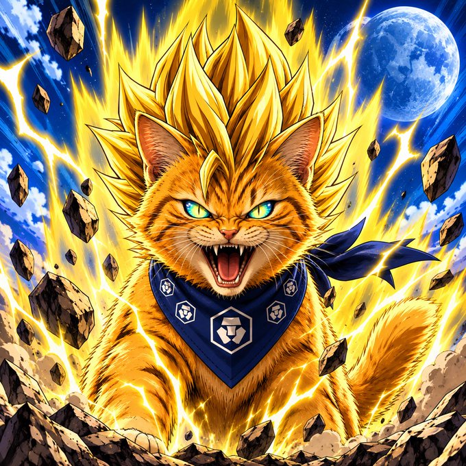 An anime-style illustration of a fierce orange cat with glowing yellow Super Saiyan-like hair and aura, wearing a blue bandana, set against a dramatic background with lightning and a moon.