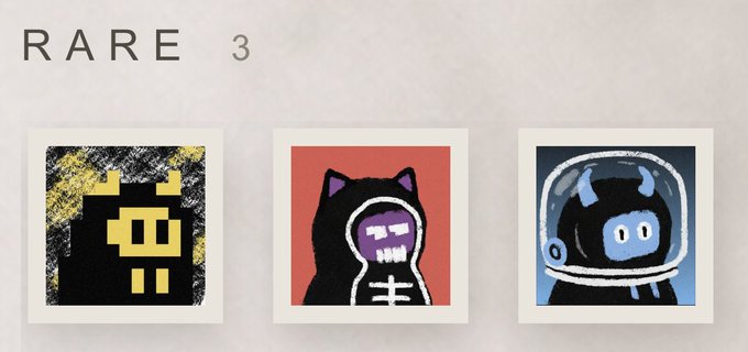 Three pixel-art style portraits labeled 'RARE 3' featuring a yellow and black character, a black cat with a purple skull face on a red background, and a black character in an astronaut helmet on a blue background.