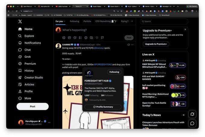 A screenshot of the X (formerly Twitter) social media platform interface in dark mode, showing a post by XAMMIe about a 'FORESIGHT NFT HUB' giveaway with 5555 supply, 15 MP, and a profile popup for FORESIGHT NFT HUB.