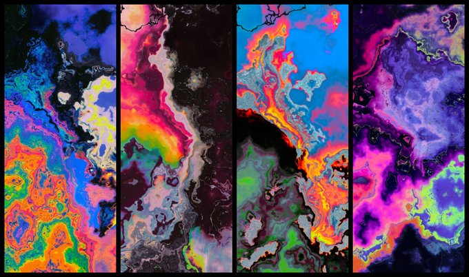 Four abstract vertical panels featuring vibrant, colorful marbled patterns with swirling designs in hues of blue, red, orange, purple, and green.