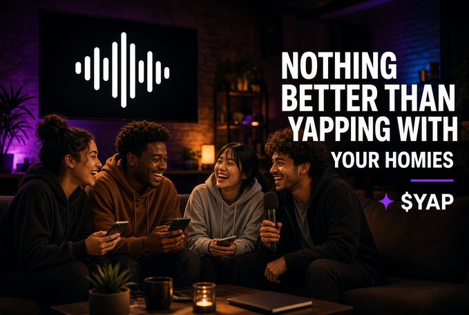 A promotional graphic featuring four young friends laughing together on a couch while using smartphones, with text reading 'NOTHING BETTER THAN YAPPING WITH YOUR HOMIES' and a '$YAP' token logo with an audio waveform icon.