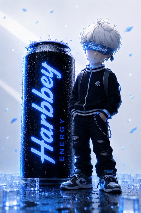 A 3D-rendered illustration of an anime-style character with white hair wearing a 'Hurbbey' blindfold, standing next to a glowing blue 'Hurbbey ENERGY' can with ice cubes and water droplets.