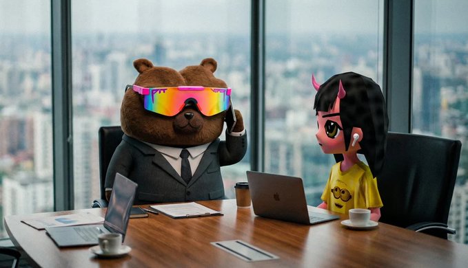 The image features a cartoon bear wearing sunglasses, sitting at a desk with two laptops open in front of him. A woman dressed in a yellow shirt is seated across from him, also using one of the laptops. The background shows an office setting with chairs and desks, suggesting that they are in a professional environment.