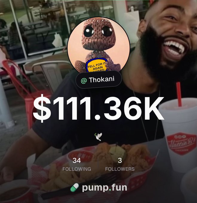 A man smiles over a meal and drink in this Pump.fun promo, showing a “PELL FOR IT AGAIN” avatar and the handle “@Thokani.” The screen highlights “$111.36K,” 34 following, 3 followers, and the pump.fun logo, reflecting the post’s announcement that he previously worked there and will now partner with Pump.fun.