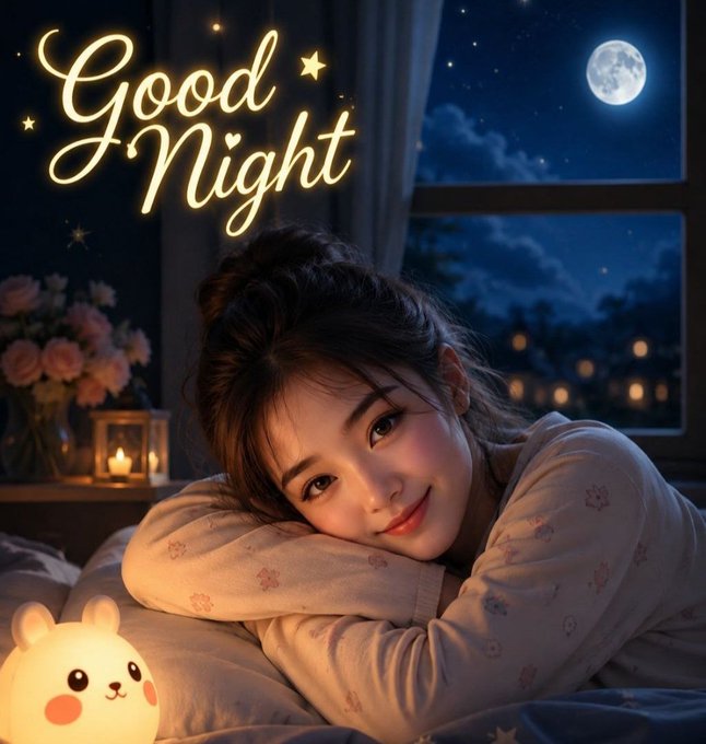A stylized, AI-generated 'Good Night' greeting image featuring a young woman resting her head on her arms, with a 'Good Night' text overlay, a glowing moon, a night sky, and a cute cartoon rabbit lamp.