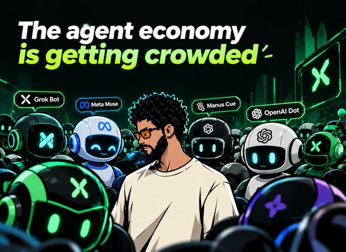 An illustrated graphic titled 'The agent economy is getting crowded' showing a man surrounded by AI robots labeled 'Grok Bot', 'Meta Muse', 'Manus Cue' and 'OpenAI Dot'.
