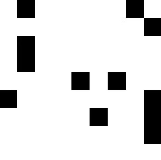 A simple minimalist composition of scattered black squares and rectangles on a white background.