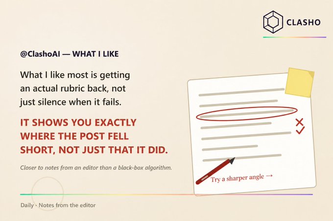 A promotional graphic for 'CLASHO' highlighting what the user likes, specifically praising the rubric feedback with text that reads, 'IT SHOWS YOU EXACTLY WHERE THE POST FELL SHORT, NOT JUST THAT IT DID.'