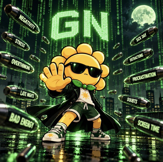 Anime-style illustration of a sunflower character wearing sunglasses and a leather jacket, deflecting various labeled bullets including negativity, stress, procrastination, and bad energy, with a digital Matrix-style background.