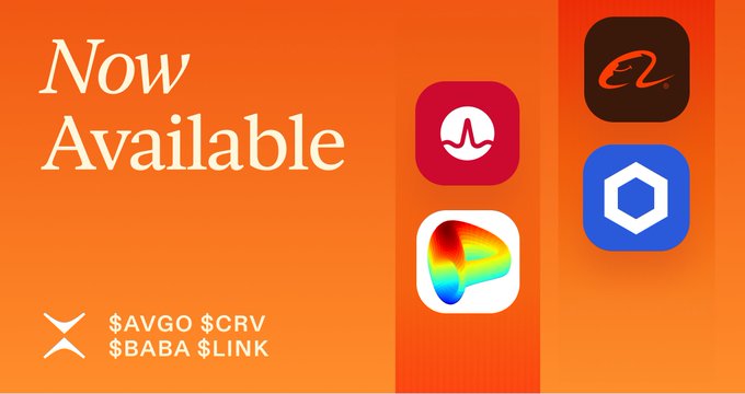 Promotional graphic announcing "Now Available" on Phoenix, featuring logos and tickers for $AVGO, $CRV, $BABA, and $LINK—each offered with 10x leverage on the equities-A platform.