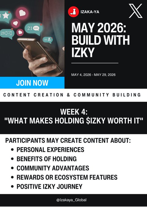 izakaya x poster for "Build with Izakaya" and "What makes holding $izky worth it?"