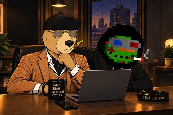 A digital illustration showing an anthropomorphic dog in a brown suit and sunglasses sitting next to a figure with a pixelated helmet smoking a cigarette at a desk; visible text includes 'SAME BEAR DIFFERENT CYCLES' on a mug and 'STILL BULLISH' on an ashtray.