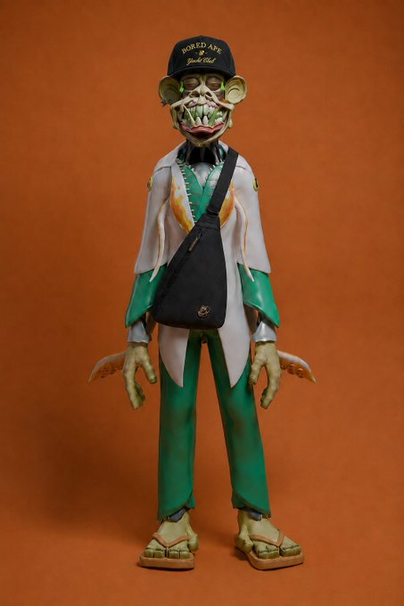 A designer art toy figure wears a cap reading 'BORED APE YACHT CLUB', sunglasses, and a green and white outfit with a crossbody bag.