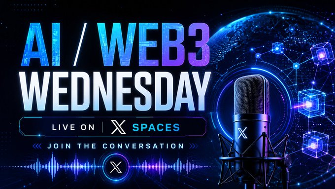 A promotional graphic for the "AI / Web3 Wednesday" live X Spaces event, featuring a stylized microphone alongside a digital globe with glowing blockchain cubes and soundwave graphics, with text reading "Live on X Spaces - Join the Conversation."