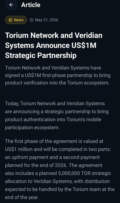 A news article dated May 21, 2026 announces a 'US$1M Strategic Partnership' between Torium Network and Veridian Systems to bring product authentication into Torium's mobile participation ecosystem.