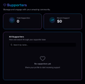 A dark-themed UI panel for a 'Supporters' section showing 0 supporters and 0 funds raised, with a 'No supporters yet' message.