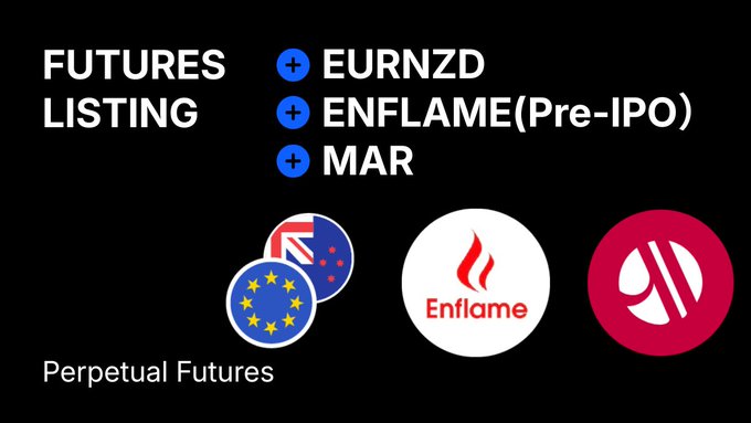 A black graphic announcing 'FUTURES LISTING' for EURNZD, ENFLAME (Pre-IPO), and MAR as Perpetual Futures, featuring the EU and New Zealand flags alongside logos for Enflame and another coin.