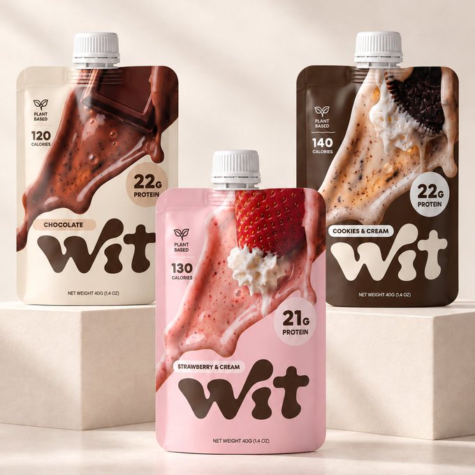 Three pouches of WIT plant-based protein shakes—Chocolate (120 calories, 22g protein), Strawberry & Cream (130 calories, 21g protein), and Cookies & Cream (140 calories, 22g protein)—are displayed on cream pedestals, marking the founder's vulnerable public debut of their brand.