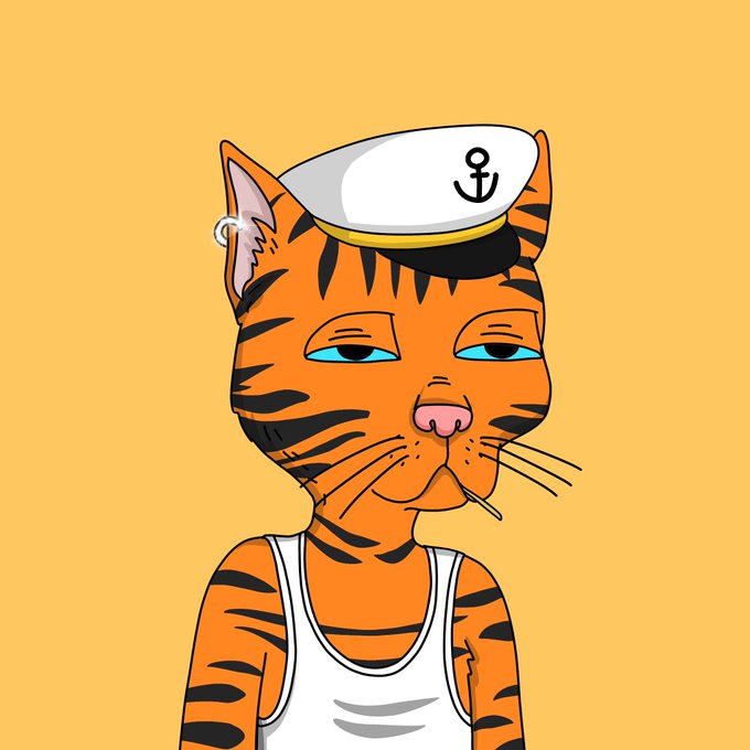 A cartoon-style illustration features an orange tiger character wearing a white tank top and a white sailor hat with an anchor emblem, set against an orange background.