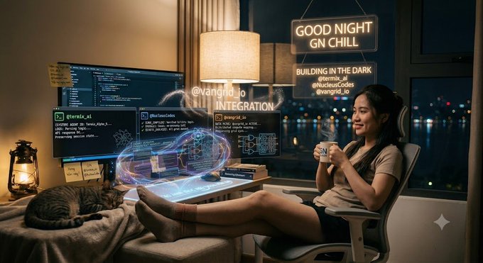 A digital illustration depicting a woman relaxing in a chair with a coffee mug in a dimly lit room, with code from '@termix_ai' and '@vangis_io' integration floating around her near a sleeping cat and city view.