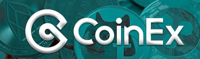 A promotional banner featuring the white CoinEx logo and name overlaid on a teal background with various cryptocurrency coins.